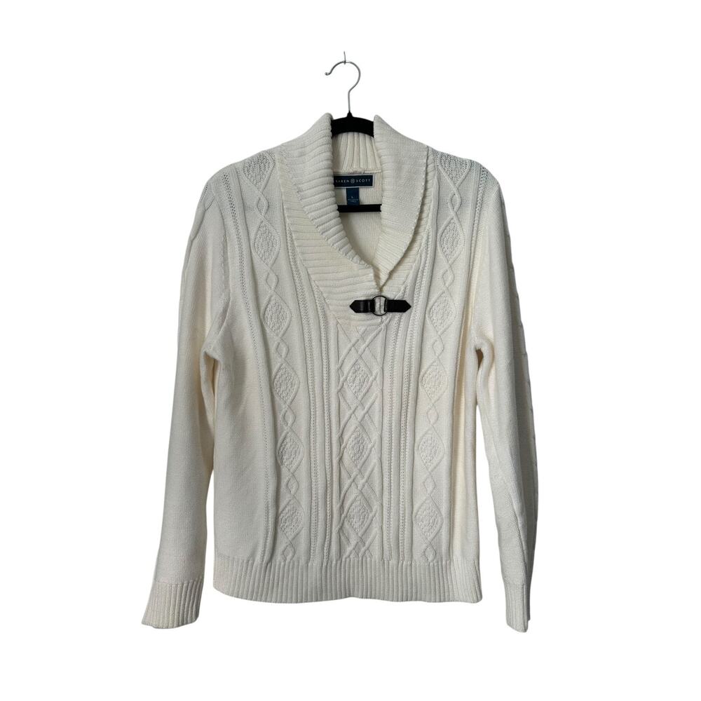 Karen Scott Sweater Size L White Cotton Cable Knit Shawl Collar Buckle Detail‎